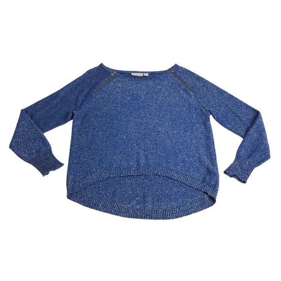 Bisou Bisou Sweater Womens M Blue Metallic Shimmer Zip Boat Neck Hi Low Top - Picture 1 of 14